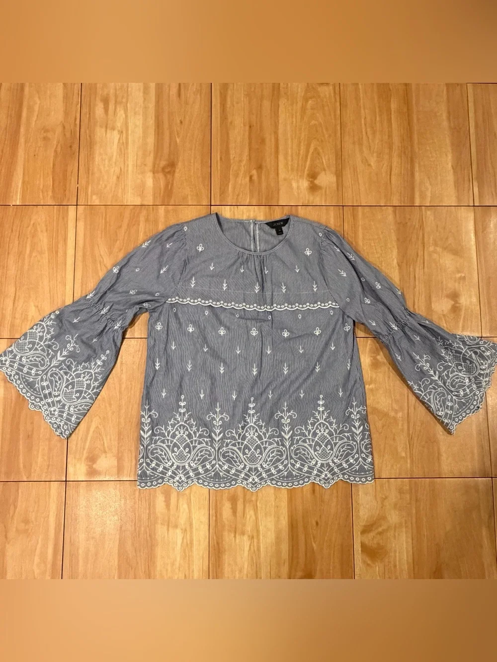J.Crew Blue White Striped Embroidered Bell Sleeve Blouse XS